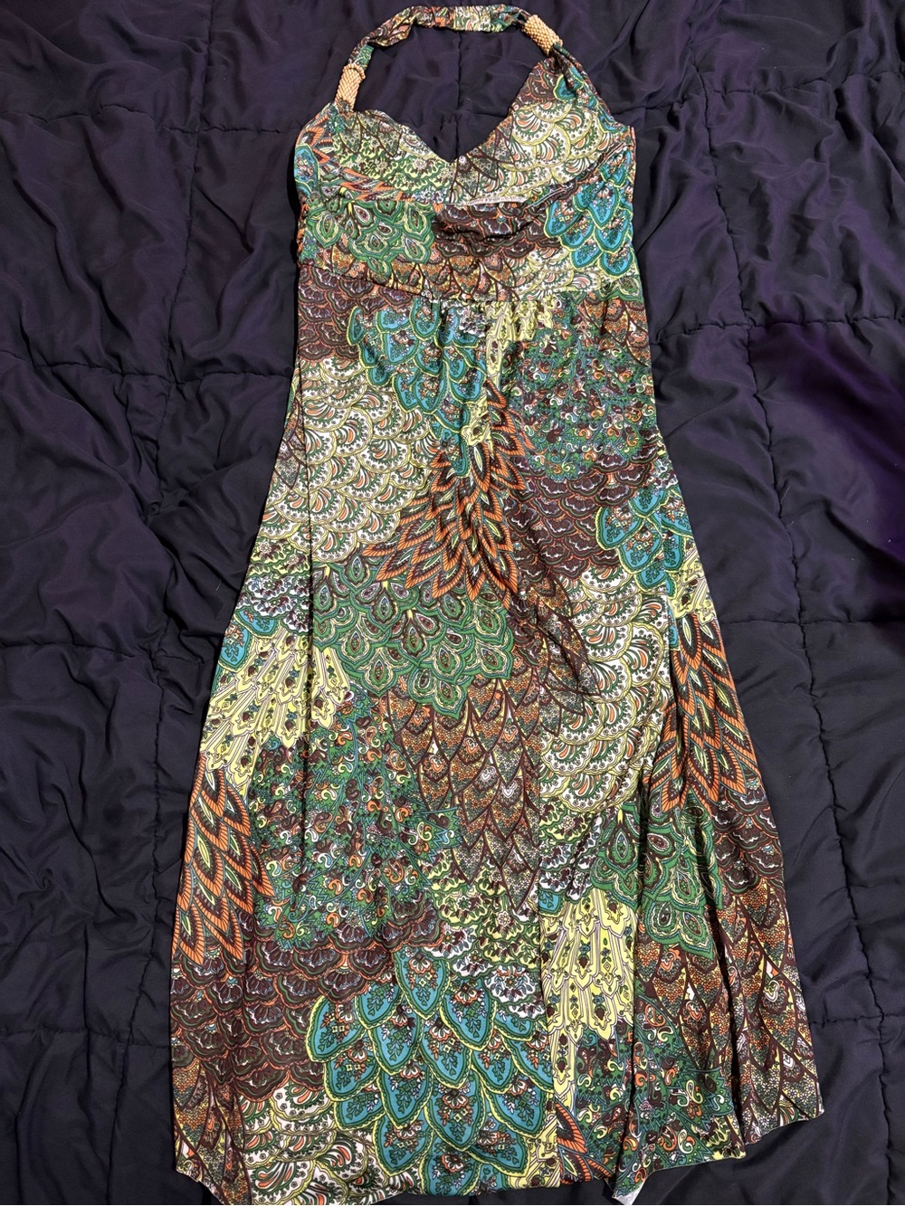 Claudia Richard Green Teal Brown Multi-Print Halter Maxi Dress